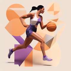 Fototapeta na wymiar Young woman playing basketball. Beautiful african-american female basketball player in motion and action on orange background. Concept of healthy lifestyle, professional sport, hobby. Woman in sport.