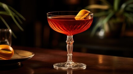 Manhattan cocktail concept. Tasty liquid and beverage for summer season. Alcoholic drink. alcohol cocktail in a coupe glass - obrazy, fototapety, plakaty