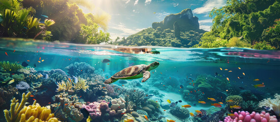 A sea turtle is swimming near an island covered in lush greenery. The sun shines brightly above, casting warm light on everything below the water's surface - obrazy, fototapety, plakaty