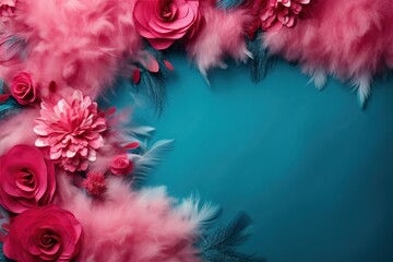 Pink feathers, different falling fluffy twirled feathers., flowers. blue background. Space for text - obrazy, fototapety, plakaty