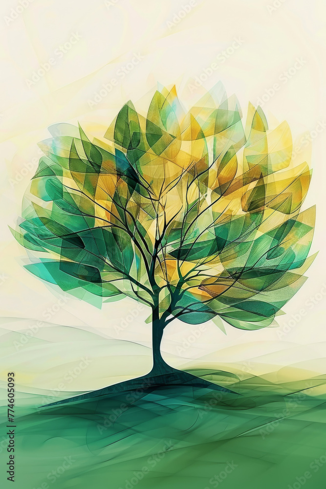 Aufkleber a tree with green leaves is the main focus of the image. the tree is surrounded by a green backgroun