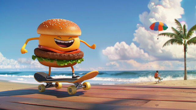 Joyful Burger Character Enjoying Skateboarding Beachside