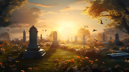Spring cemetery with graves of man peaceful place eternal rest sunlight background
