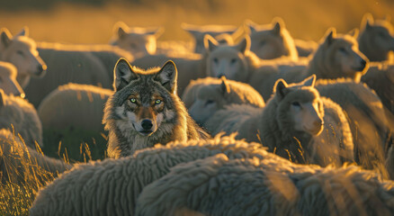 A wolf surrounded by sheep
