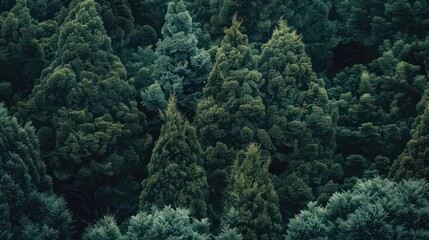 Nature photography capturing a vibrant pine forest and cypress trees with dark green foliage, in...