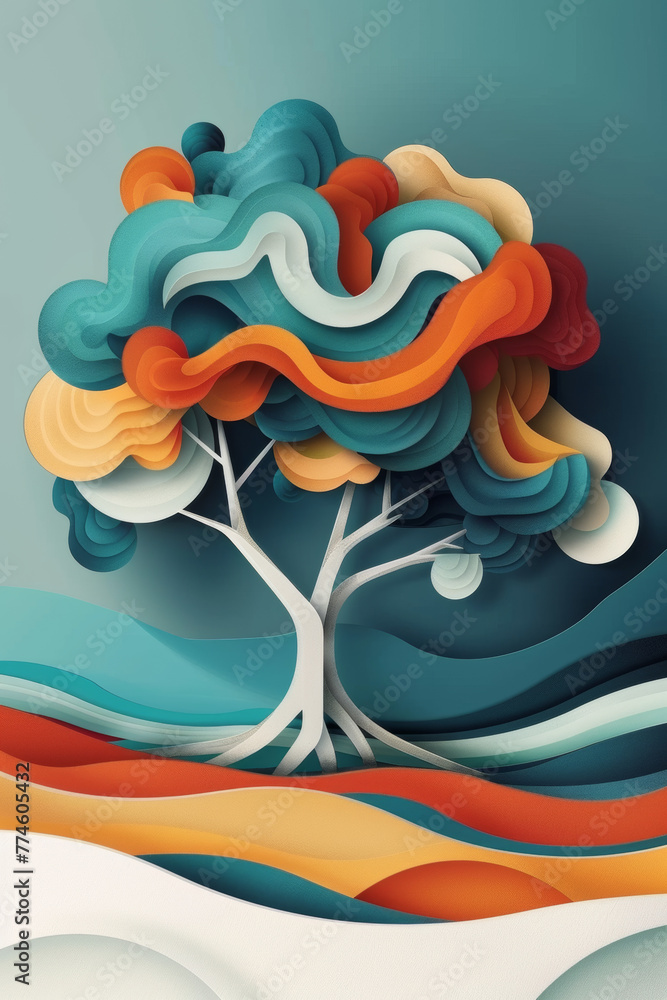 Poster a tree with a trunk and branches is drawn in a colorful style. the tree is surrounded by a blue and 