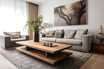 Wooden table between two comfortable sofas.