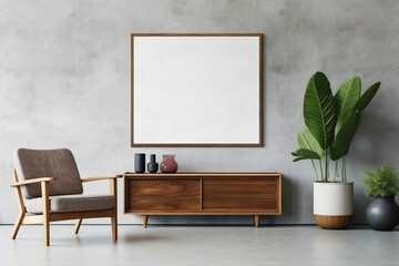 Wooden furniture stands out against textured concrete wall with vacant mock-up poster frame in contemporary living room.