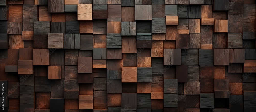 Poster assorted wooden blocks of different shapes and sizes create a textured wall surface in a close-up sh