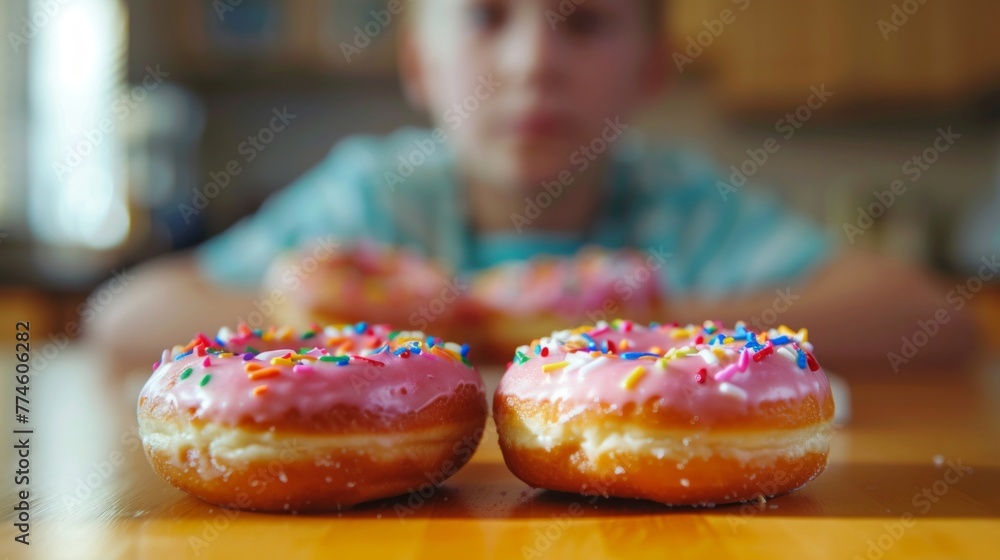 Poster a boy sitting at a table with three doughnuts placed in front of them