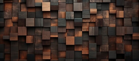Assorted wooden blocks of different shapes and sizes create a textured wall surface in a close-up shot