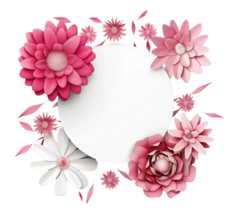 circular round white empty frame surrounded with pink flowers, happy mother's day, birthday, message card, transparent png background. Cut out