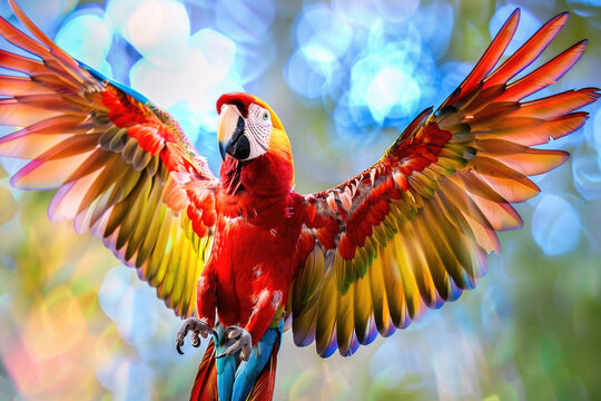 A creative and artistic photo of a parrot with its wings spread wide