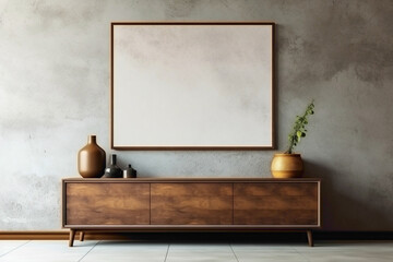 Wooden furniture and mock-up poster frame stand out against textured concrete wall in modern living room design.