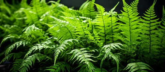 Fern plant with vibrant green leaves photographed up close in a dimly lit room, creating a serene ambiance - Powered by Adobe