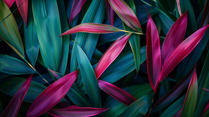 Colorful leaves texture, abstract nature background, tropical leaf closeup, dark wallpaper concept