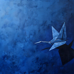 A blue background with a paper crane flying in the sky. Concept of freedom and lightness, as the paper crane soars through the air. The blue color of the background adds to the calming