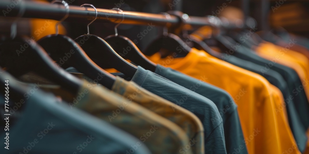 Poster a straightforward image showing a row of colorful shirts hanging on a rail
