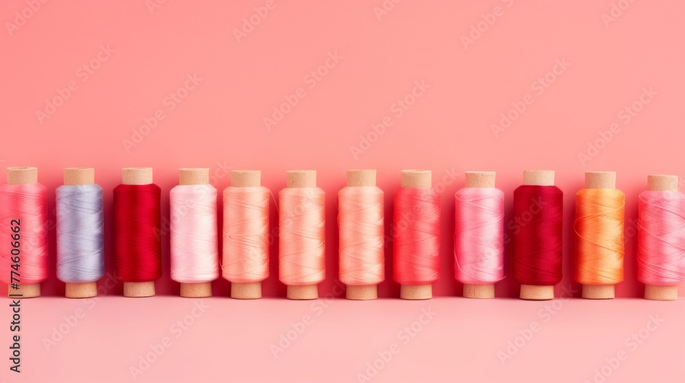 Poster a row of various colorful thread spools neatly lined up on a vibrant pink background