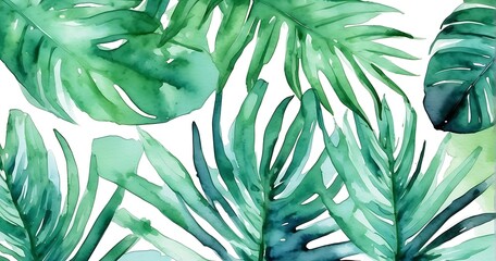 Watercolor Tropical background with palm leaves with copy space