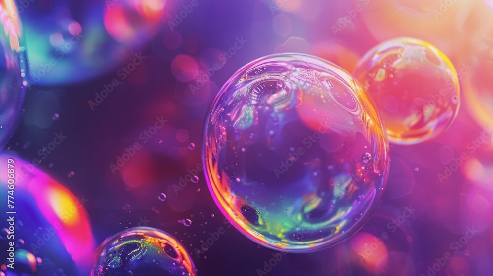 Poster colorful soap bubbles floating in the air with copy space for text
