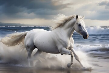 Obraz na płótnie Canvas White horse galloping on the beach in the wind
