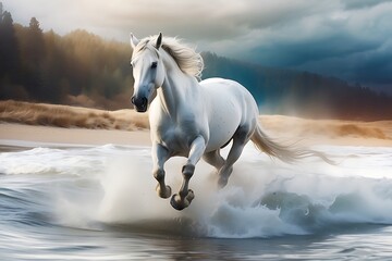 White horse galloping on the beach in the wind - obrazy, fototapety, plakaty