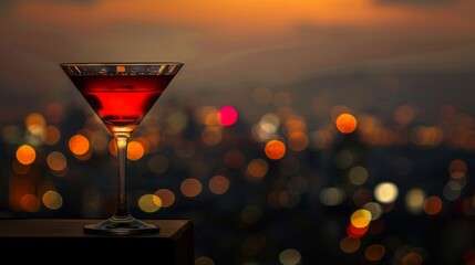 A bright red cosmopolitan cocktail resting on a wooden table, illuminated by the city night lights in the background