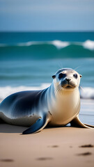Obraz premium Australian fur seal basking on the rocks by the ocean. Shallow dof with focus to eye only