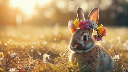 Adorable rabbit wearing a flower crown sitting in a field