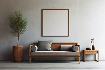 Wooden furniture and empty poster frame stand out against textured concrete wall in contemporary living room.