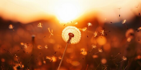 A dandelion releasing its seeds into the air, with the sun glowing in the background - Powered by Adobe