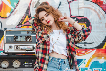 Fototapeta na wymiar A young woman wearing a vintage flannel shirt and high-waisted jeans, posing in front of a boombox