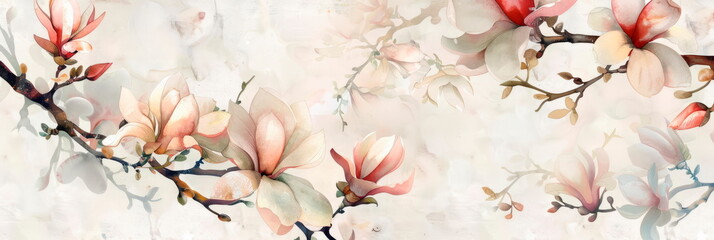 Enchanting watercolor backdrop adorned with intricate magnolia blooms. Generative AI