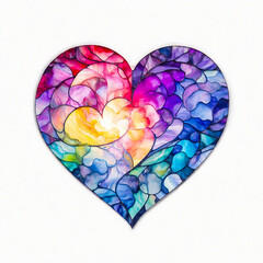 stained glass watercolor heart on white background