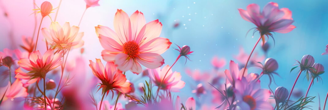 Whimsical watercolor of cosmos flowers against a dreamy pastel background, perfect for adding a touch of magic. Generative AI