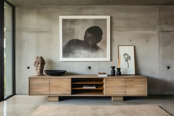 Wooden cabinet, dresser, and vacant poster frame create modern focal point against textured concrete backdrop in living room.