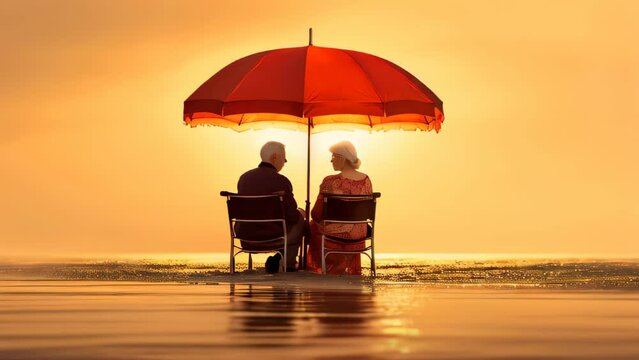 An older couple sitting under an umbrella on the beach at sunset. Retirement concept.