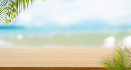 Summer Travel Background, Wood Table on blur Bokeh Sea Blue Sky, Top Deck Mockup Product Beauty Cosmetic Presentation, Stage on Water Island at Coast Backdrop Tourism Relax Vacation,Tropical Ocean.
