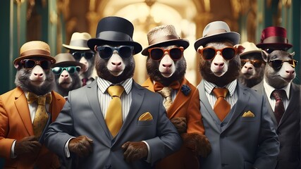 Adventures of Suave Animals, Whimsical Wardrobe, Funny animals, Sunglasses, Hat, Suit, Colorful tie, Activities, Prompts, Detective, Case, Fedora, Cool cat, DJ, Dance party, Snazzy suit, Rabbit, Talk  - obrazy, fototapety, plakaty