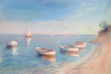 Sailboat at the beach  oil painting, Pastel color palette, home decor wall art, digital art print - obrazy, fototapety, plakaty
