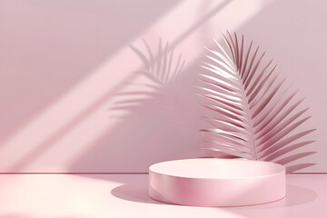 3D pink podium with tropical leaves and shadow for product presentation. Empty background with round podium with shadows of palm leaves. minimalism, 3D room with copy space