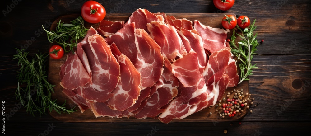 Poster a close-up view of a wooden cutting board with various slices of meat arranged neatly on top
