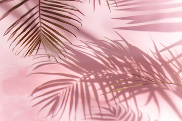Fototapeta premium Pink 3D studio background with tropical leaves and shadow for product presentation. Empty background with shadows of palm leaves. 3d room with copy space