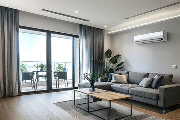 Naklejka na ściany i meble design of a modern apartment with air conditioning, bright apartment with large windows, gray sofa and air conditioning