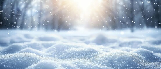 Snowy winter Background, aglow with exquisite light and flakes against the evening sky, in banner format, with spacious copy space. Made with generative AI technology. - obrazy, fototapety, plakaty