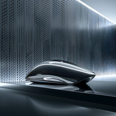 A silver computer mouse is sitting on a black surface. The mouse is shiny and reflective, and it is a modern design. The image has a sleek and sophisticated feel - obrazy, fototapety, plakaty