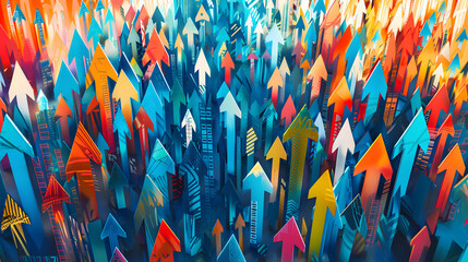 A colorful array of arrows pointing in different directions. Concept of movement and progress, as if the arrows are guiding the viewer towards a goal or destination - obrazy, fototapety, plakaty