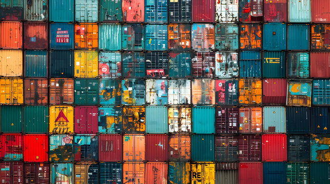 A colorful image of many different colored shipping containers. The image is a collage of many different colored containers, with some of them being blue, red, and yellow. The image has a vibrant