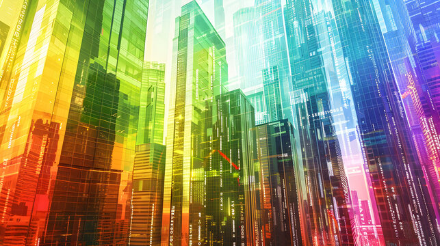 A cityscape with a rainbow of colors and a red arrow pointing to the right. The image is a representation of a futuristic city with tall buildings and a sense of movement